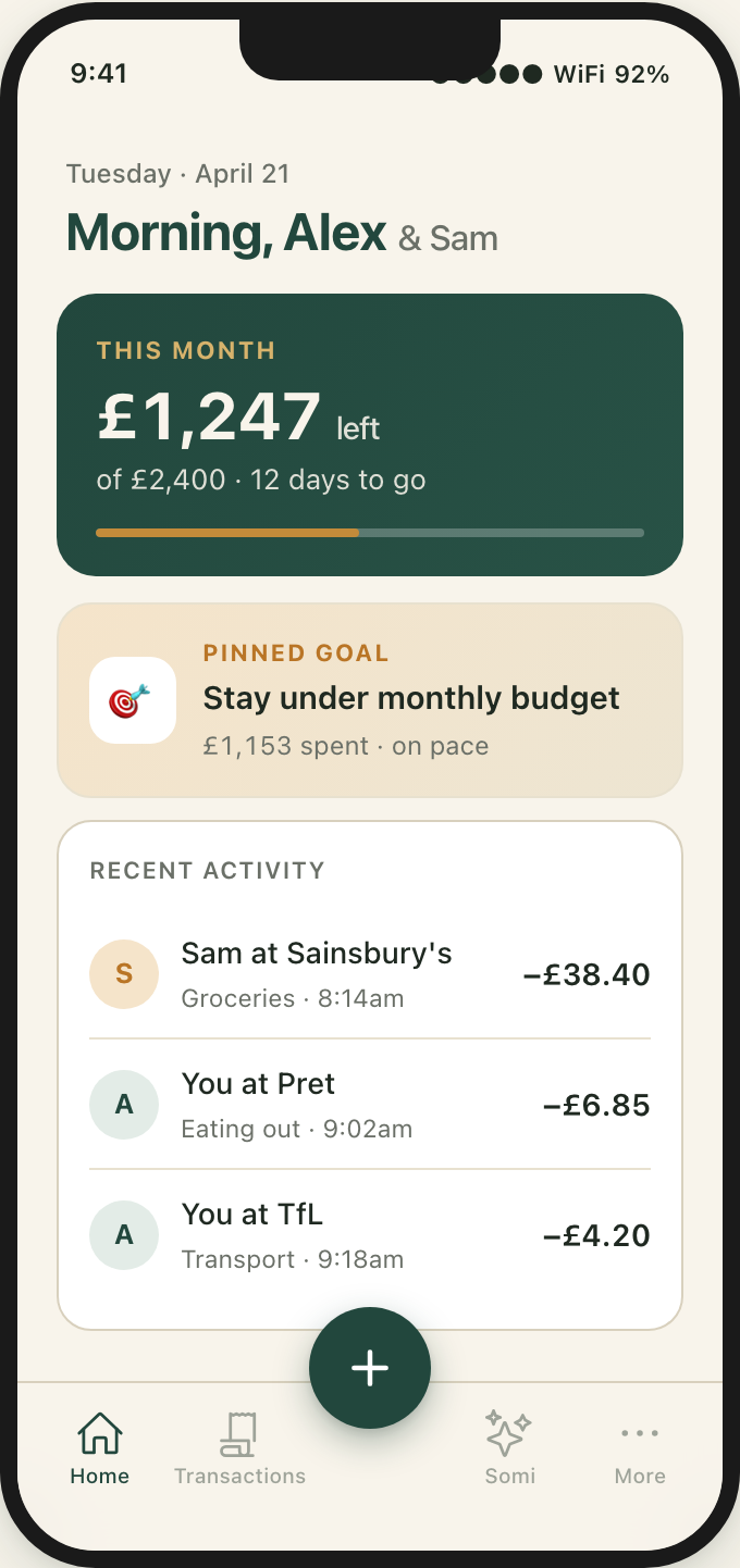 Home: budget left, recent activity, pinned goal