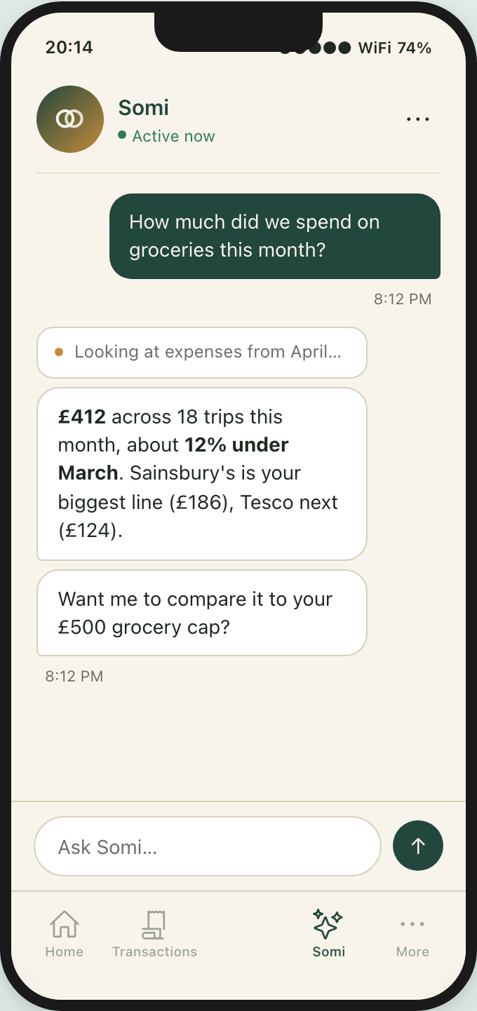 Somi answering ‘how much on groceries this month?’